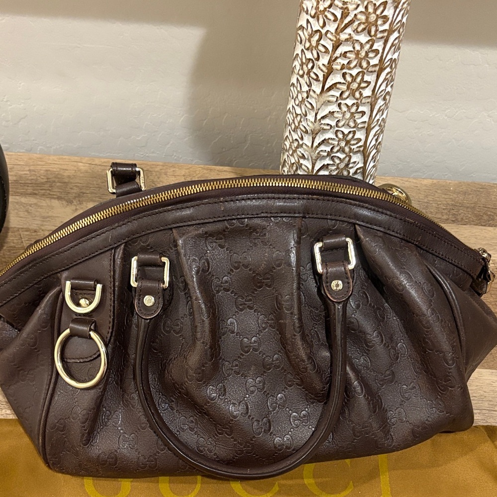 Gucci Dark Brown Embossed Leather Shoulder Bag - Picture 2 of 11